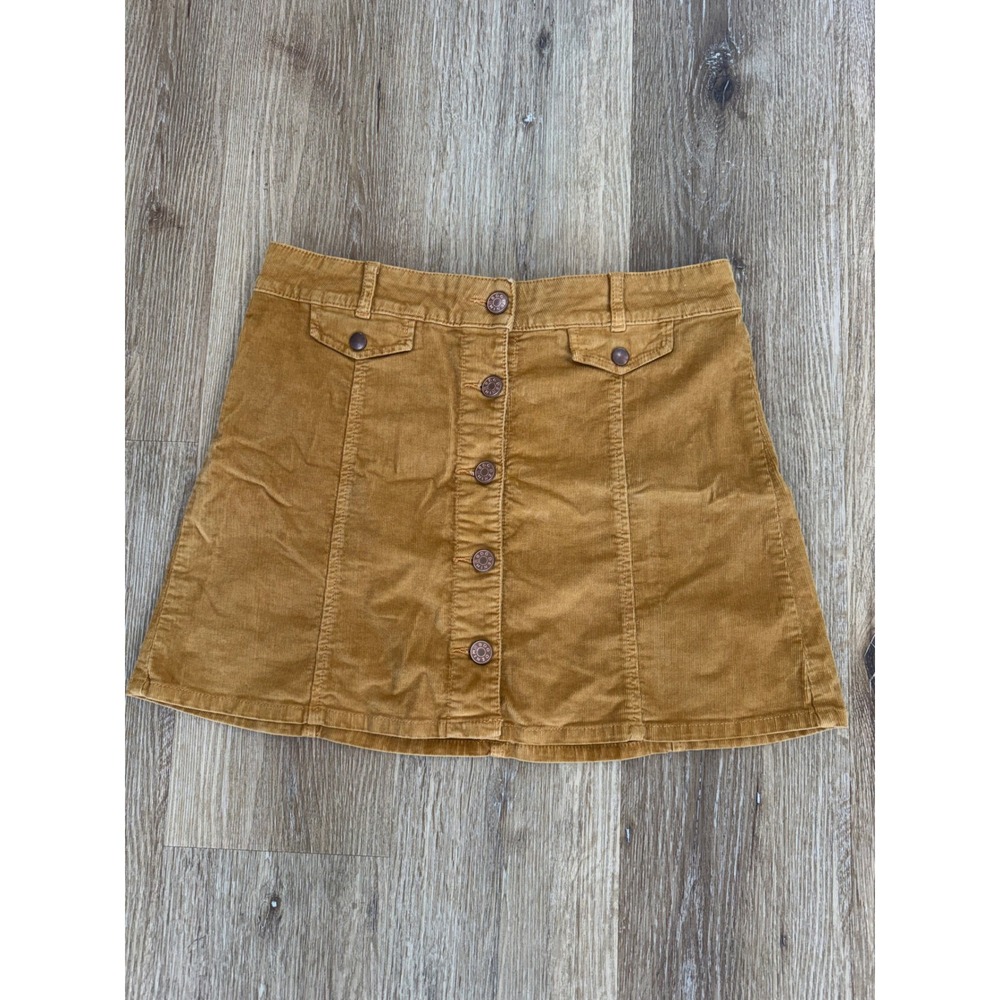 Boho Festival Western Earthy Corduroy Mini Skirt Women 8 Tan Button Front A-Line